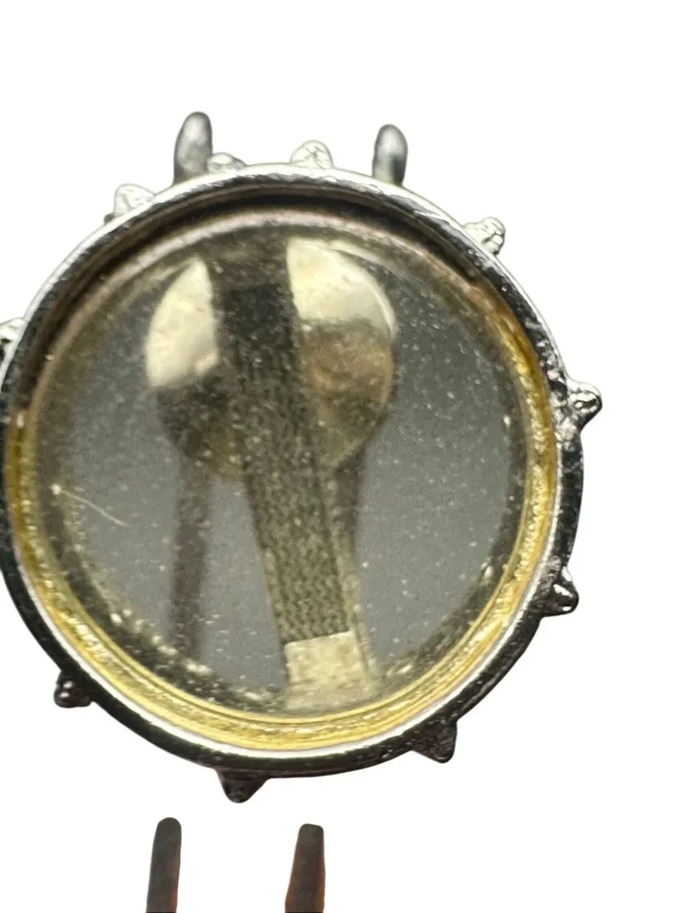 Vintage Snare Drum Tie Tack Lapel Pin Silver Tone Green Musician Gift